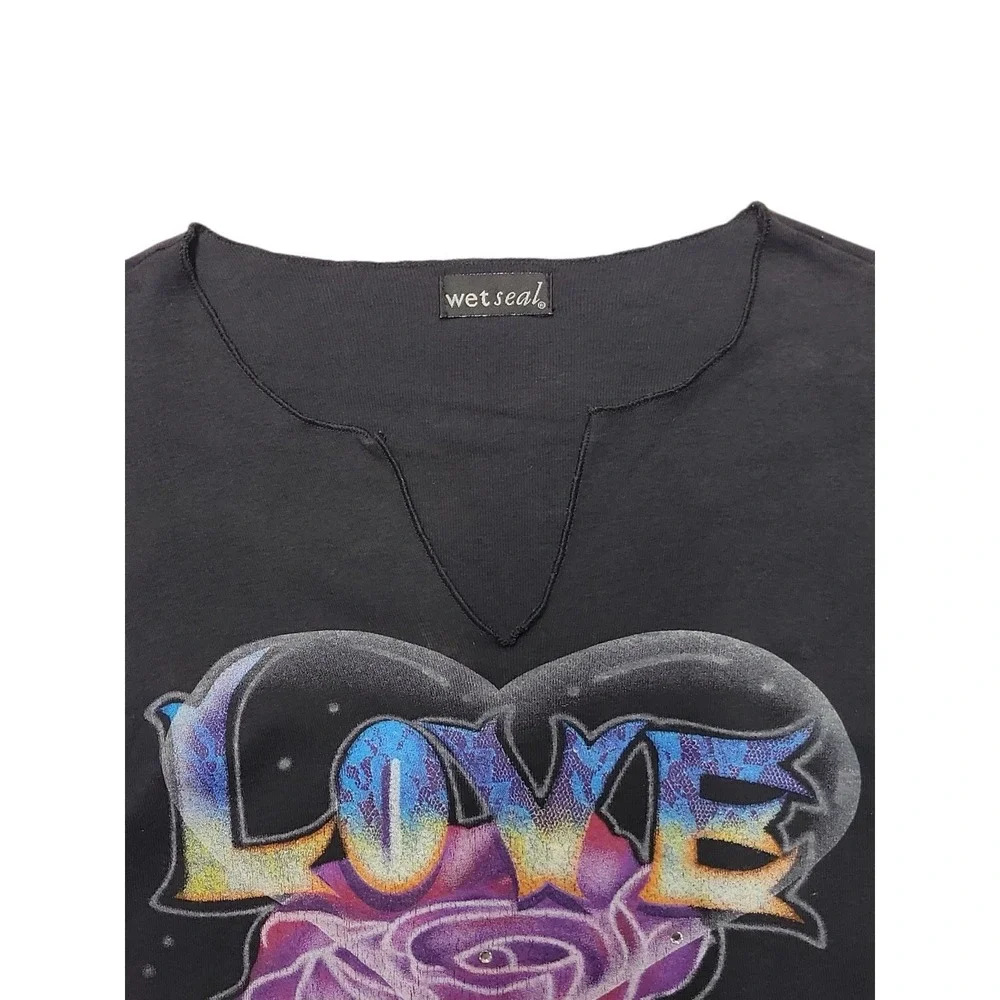 Vintage Y2K Black Multi Color Love Top  100%‎ Cotton Women's Size Small